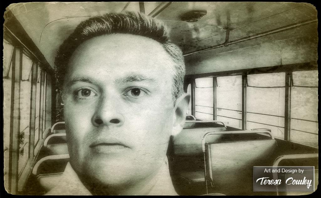 The Somerton Man Facial Reconstruction in Vintage Bus Scene by Teresa Cowley