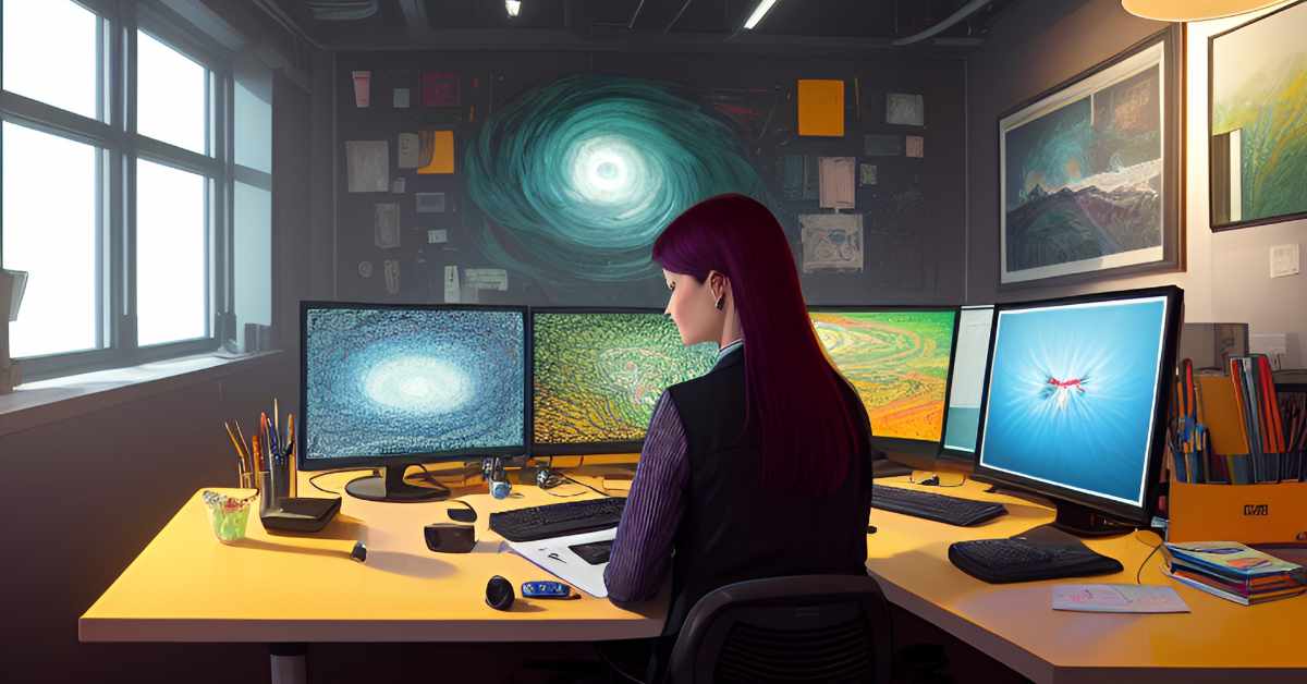 An artist content creator sitting at her desk pondering over her computer monitors