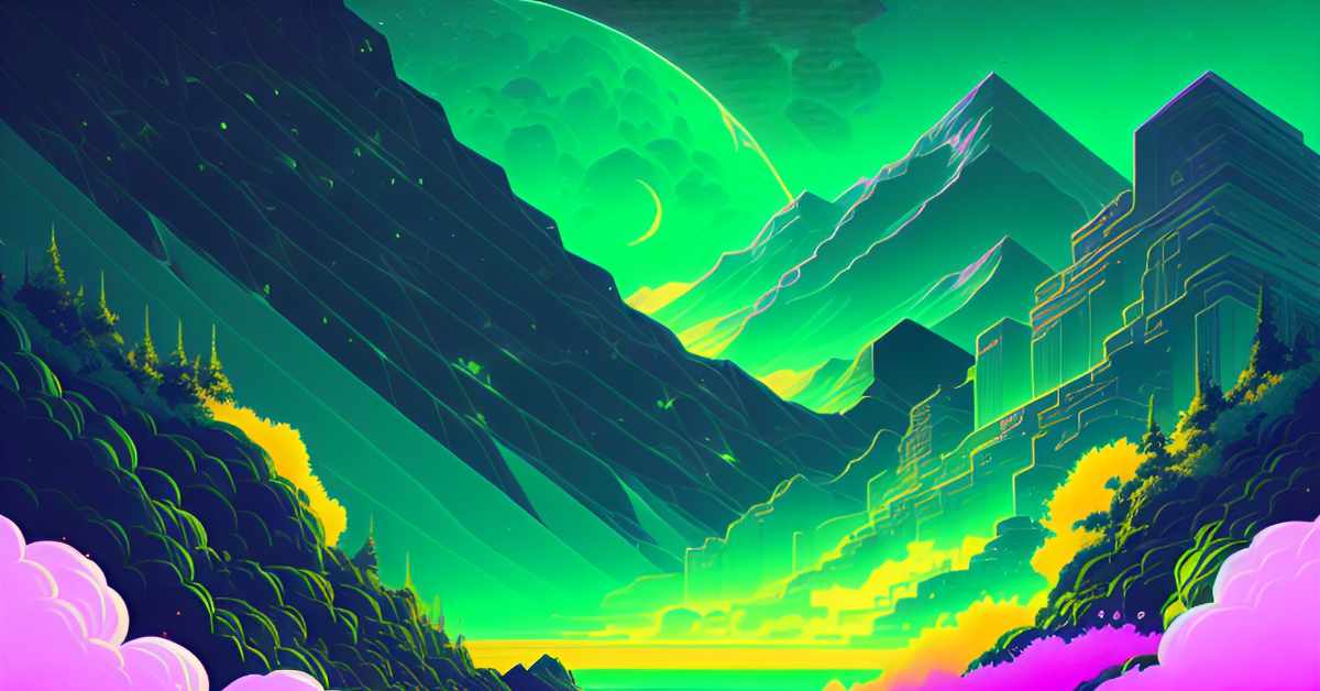 A surrealist landscape in mostly green colours.