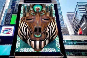 An illustrative representation of Idle Wild by Teresa Cowley on being shown on a large screen in New York's iconic Times Square as part of Fuori E-Vento by M.A.D.S. Art Gallery