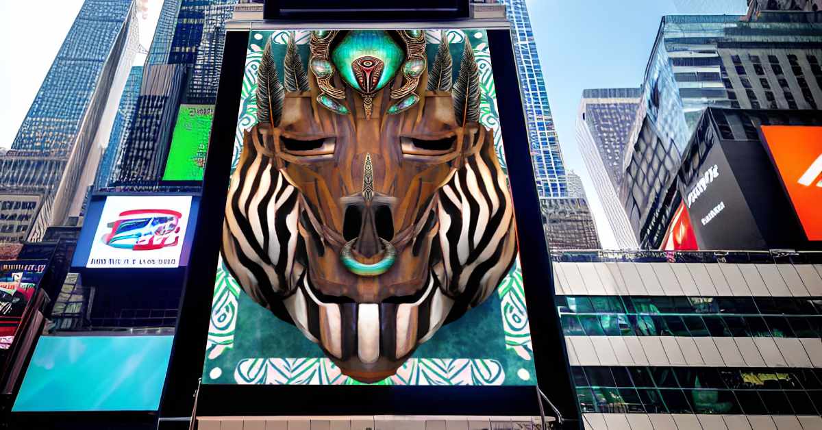 An illustrative representation of Idle Wild by Teresa Cowley on being shown on a large screen in New York's iconic Times Square as part of Fuori E-Vento by M.A.D.S. Art Gallery