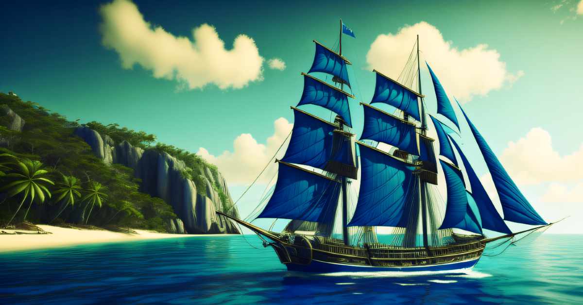 A schooner with blue sails surrounded by a tropical sea. Is blue your favourite colour? See what it says about your personality!