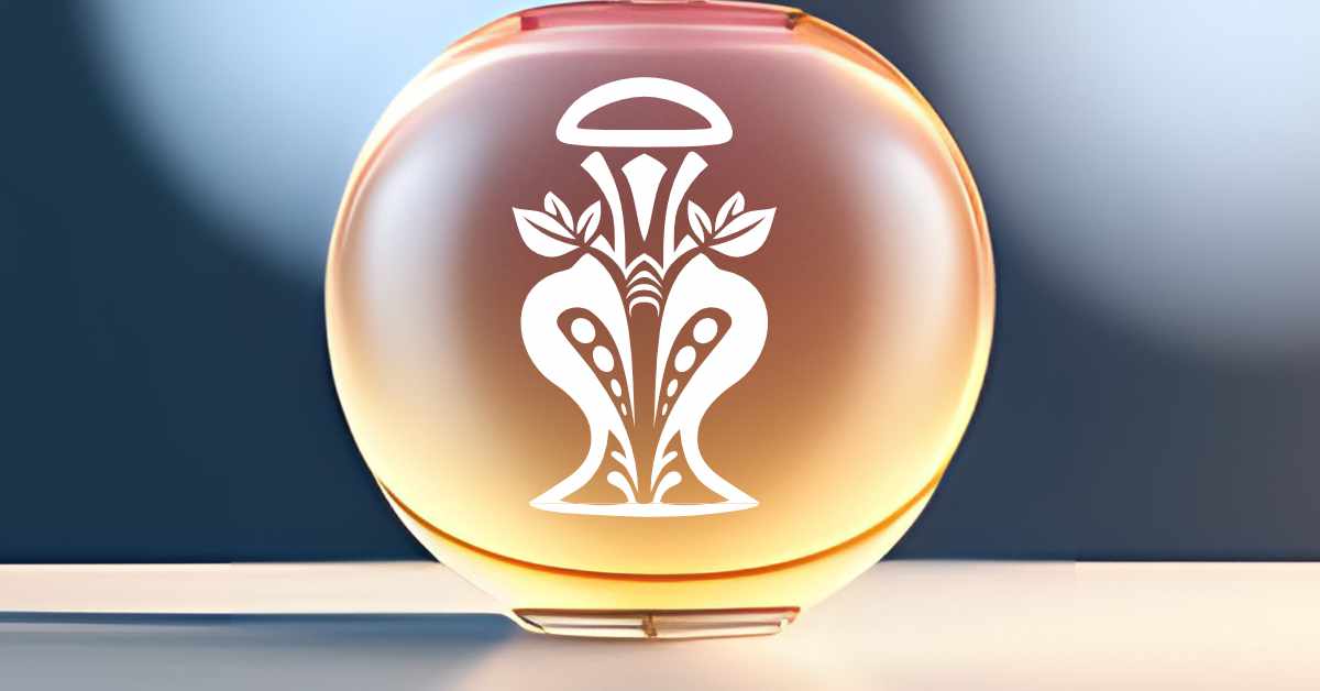 A vector graphic image of a fancy art deco style perfume bottle displayed on a frosted glass bottle sitting on a table with a blank wall in the background.