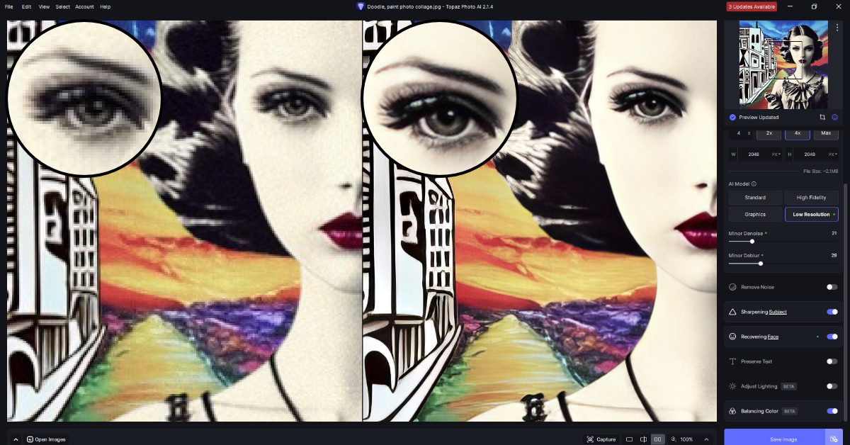 A screenshot of a photo editing software interface displaying a black and white collage of a woman's face juxtaposed with colorful, abstract elements. Two magnified circles focus on the woman's eyes, enhancing details within the grayscale image. The software's right panel shows various editing options like noise reduction and sharpening sliders, indicating an ongoing image enhancement process.