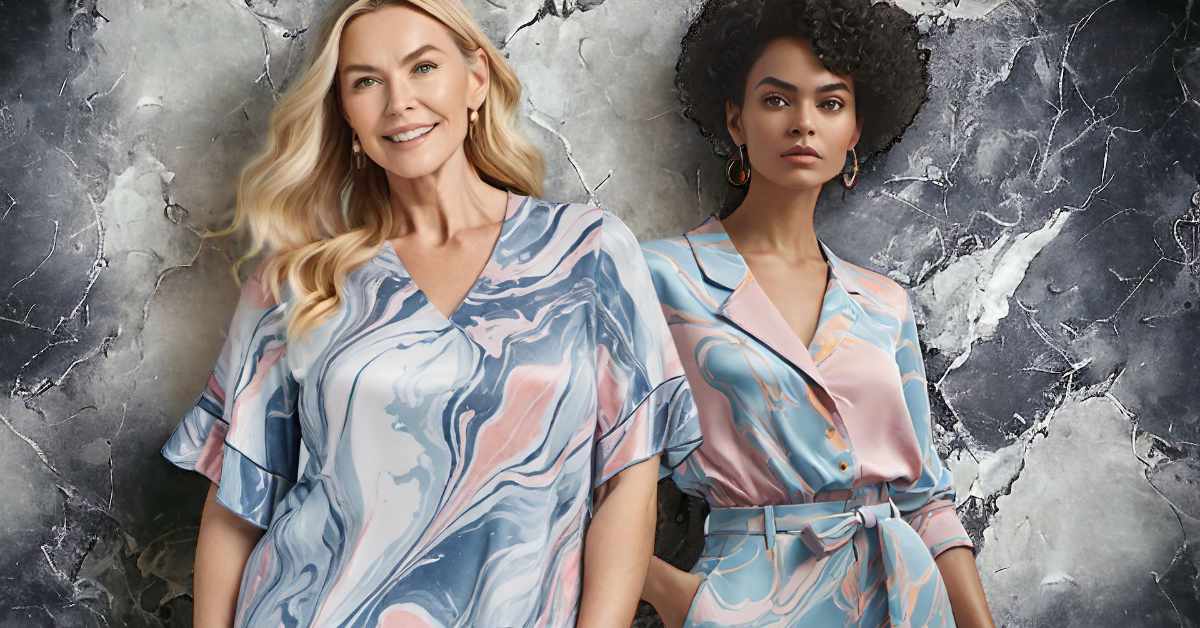 This image features two women in front of a marbled gray background. The woman on the left has long, wavy blonde hair and is smiling gently at the camera. She wears a light, flowy top with a marbled pattern in shades of blue, pink, and white. The sleeves are short and draped. The woman on the right has dark, curly hair styled up, and a more serious expression. She is wearing a similar patterned top, but with a structured collar and a belt cinching at the waist. The colors of her top are in a softer palette compared to the other woman's. Both garments have a silky texture and the overall impression is one of a fashion photoshoot.