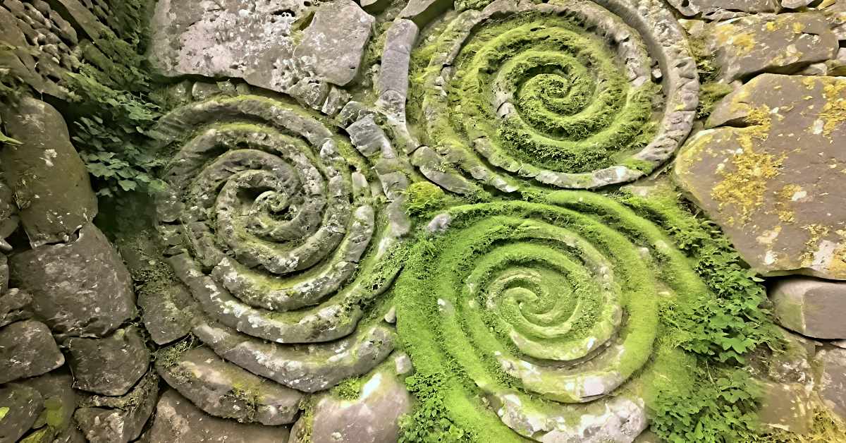 Three large spiral designs carved into stone. There is a mossy coverage over a part of the design but it doesn't obscure it.
