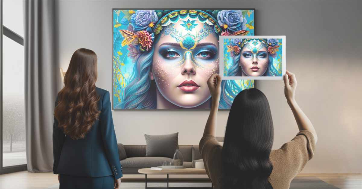 Two women are standing in a modern living room, one with long brown hair and a blue blazer facing a vibrant painting on the wall, and the other holding up a smaller version of the same painting. The painting features an intricate portrait of a woman with blue hair adorned with flowers and butterflies, set against a blue background with floral elements. The room has a muted color scheme, with a grey sofa, and large windows showing a foggy day outside.