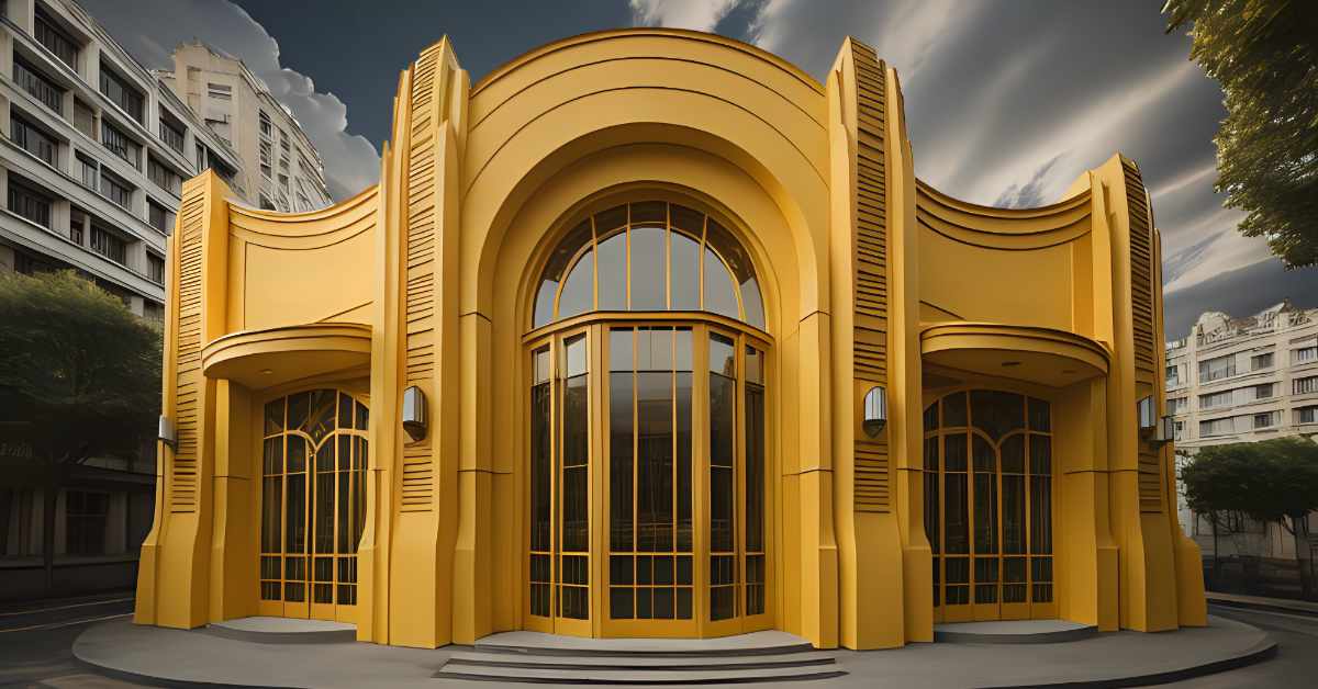 This is an image of a modern building with distinctive Art Deco architectural features. The facade is symmetrical, highlighted by its smooth curves and bold, streamlined forms. It's painted in a vivid mustard yellow, with vertical fins and a series of steps leading up to a central, rounded glass doorway framed by ornate metalwork. Flanking the glass entrance are two rounded projections, each featuring a set of narrow windows following the curve of the wall. The building stands out against a backdrop of more traditional, white apartment buildings and a partly cloudy sky.
