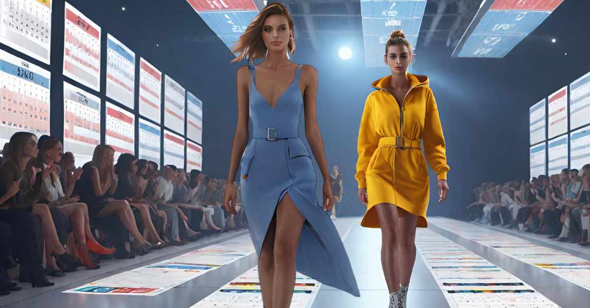 This is an image of two models walking down a fashion show runway. The model in the foreground is wearing a sleeveless, powder blue dress with a thigh-high slit, v-neck, and cinched waist with a small belt. The second model is in a bright yellow, long-sleeve dress with a hood, and a belt tied at the waist. They are walking past rows of seated spectators, who are blurred in the background, emphasizing the models. Above the spectators, large electronic displays show various text and numbers, related to the fashion industry’s scheduling cycle. The setting conveys a high-energy, glamorous fashion show atmosphere.