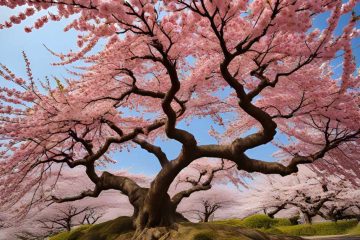 This image showcases a robust cherry blossom tree with an extensive, gnarled trunk and sprawling branches covered in dense clusters of pink blossoms. The tree stands out in stark contrast against a clear blue sky. Below, a gentle slope covered with green grass complements the scene. The background hints at a grove of similarly blooming cherry trees, creating a canopy of pink that symbolizes the arrival of spring.