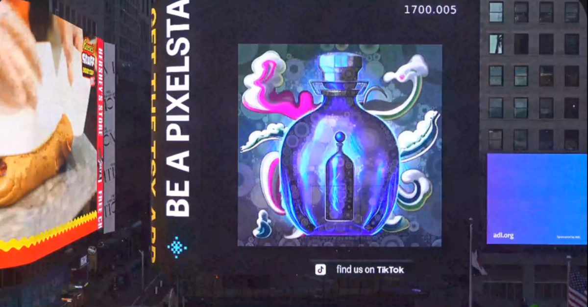 The image shows an urban scene in Times Square, New York, with several large digital billboards displaying advertisements. In the center, there is a vibrant and colourful digital art piece on a billboard, depicting a stylized perfume bottle with a figure inside it. The bottle is primarily in hues of purple and blue, with an ethereal quality emphasized by surrounding swirling clouds and vapour-like elements in white and pink. Below the central image, there is a call to action that says "find us on TikTok," suggesting the art is part of a promotional campaign. The scene is captured at dusk or evening, with the illuminated billboards standing out against the dimly lit surroundings. Other visible elements include a partially seen advertisement for food on the left, a blue billboard to the right with "adl.org" written on it, and the dark silhouette of a building with lit windows. An American flag is also present at the bottom right corner.