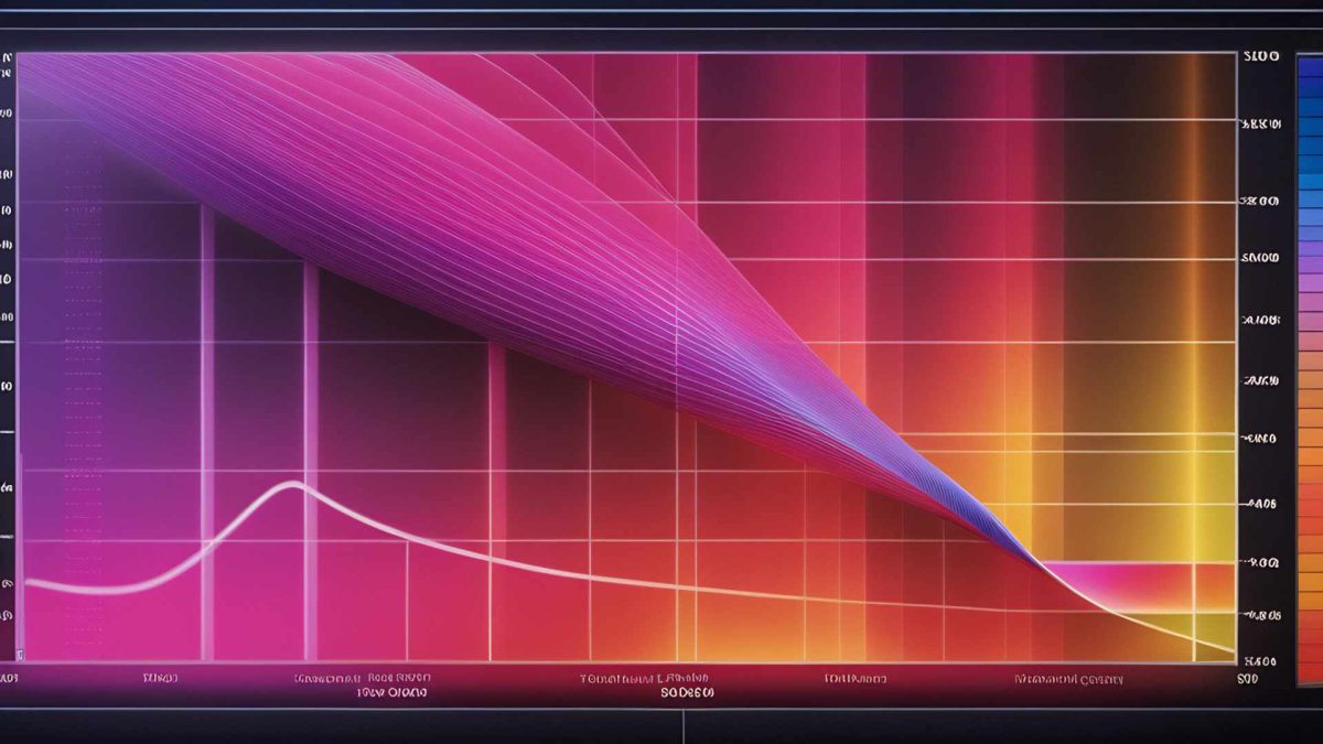 A vibrant and colourful graph with a futuristic design, featuring a gradient background transitioning from purple and pink on the left to orange and yellow on the right. The graph has a three-dimensional, wave-like structure made up of fine lines that fan out diagonally from the top left to the bottom right. It overlays a grid with horizontal and vertical lines, and there is a white curved line running horizontally across the lower part of the graph. Axes on the left and bottom display various labels and numerical values, though they are not clearly readable. The overall aesthetic is sleek and modern, resembling data visualizations often seen in tech and sci-fi contexts.