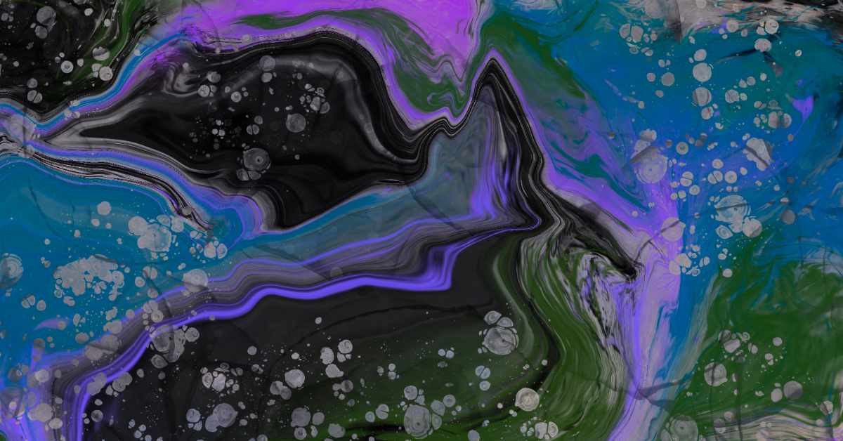 An abstract image featuring a swirling mixture of colours including black, blue, green, and purple. The composition has a marbled effect with fluid, wavy lines and patterns. Over the background, white splatter marks are scattered throughout, adding a dynamic, textured element to the overall design. The image has a chaotic yet harmonious blend of colors and shapes.