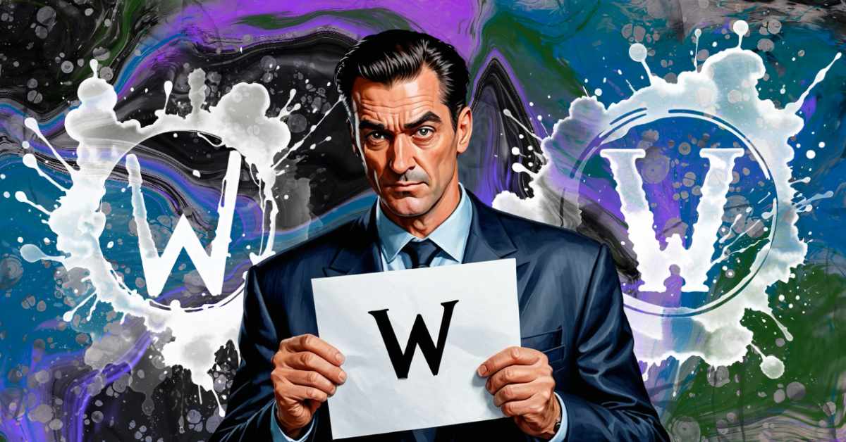 A stern-faced man in a dark suit and tie holds a sheet of paper with a large, black "W" on it. Behind him is an abstract, colourful background featuring splatters of white paint. There are two larger white splatters, each containing a "W" inside a circle, with one on the left and another on the right. The three W's combined stand foe www, a website reference, The colours in the background are predominantly black, purple, blue, and green, creating a striking and dynamic visual effect.