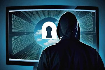A person wearing a hooded jacket is silhouetted against a large computer screen. The screen displays a keyhole symbol in the center with a cloudy sky visible through it. Surrounding the keyhole are lines of code and digital data radiating outward. The scene is illuminated with a blue glow, emphasizing the technological and cyber-centric theme.