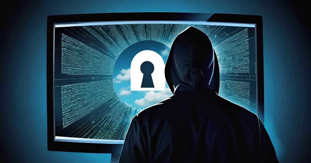 A person wearing a hooded jacket is silhouetted against a large computer screen. The screen displays a keyhole symbol in the center with a cloudy sky visible through it. Surrounding the keyhole are lines of code and digital data radiating outward. The scene is illuminated with a blue glow, emphasizing the technological and cyber-centric theme.