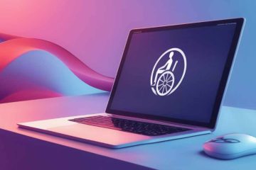A laptop sits on a desk with its screen displaying a white accessibility icon of a person in a wheelchair. The scene is lit with soft, gradient lighting in shades of pink, purple, and blue. Beside the laptop, there is a white computer mouse with a similar lighting effect. In the background, smooth, curved shapes add to the modern and colourful aesthetic.