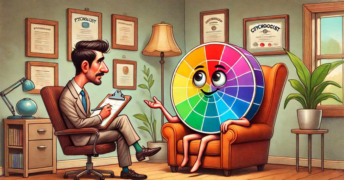 The image depicts a humorous and surreal scene where a human-like colour wheel is having a therapy session with a human psychologist. The colour wheel, with a smiling face and expressive eyes, is seated in an armchair, gesturing as if speaking. The psychologist, a man with neatly styled dark hair and a moustache, dressed in a suit and tie, listens attentively while holding a clipboard and pen. The setting resembles a typical psychologist's office, complete with a desk lamp, globe, potted plants, and framed certificates on the walls. The overall tone is playful and imaginative.