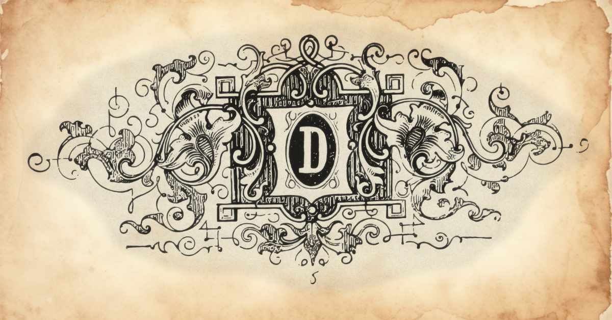 An ornate black and white illustration on a beige, aged paper background features an intricate, symmetrical design centered around a bold, uppercase letter "D" within an oval. The design includes elaborate floral and leaf motifs, swirls, and curlicues, creating a vintage, decorative border around the central letter. The paper shows signs of wear, with visible stains and darkened edges, enhancing the antique appearance.
