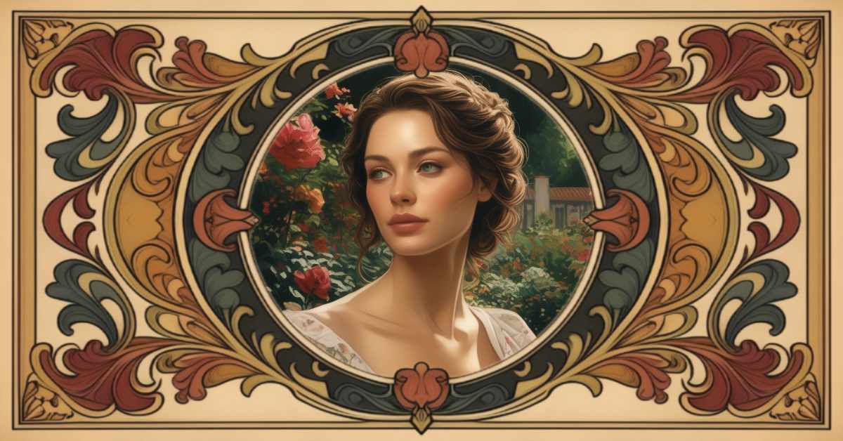 A detailed illustration features a young woman with wavy brown hair, gazing to her left. She is surrounded by a lush garden with blooming roses and green foliage. The portrait is encircled by an ornate, symmetrical border with intricate, stylized floral and leaf patterns in earthy tones of red, green, and gold. The background has a muted beige hue, enhancing the vintage, Art Nouveau style of the artwork.