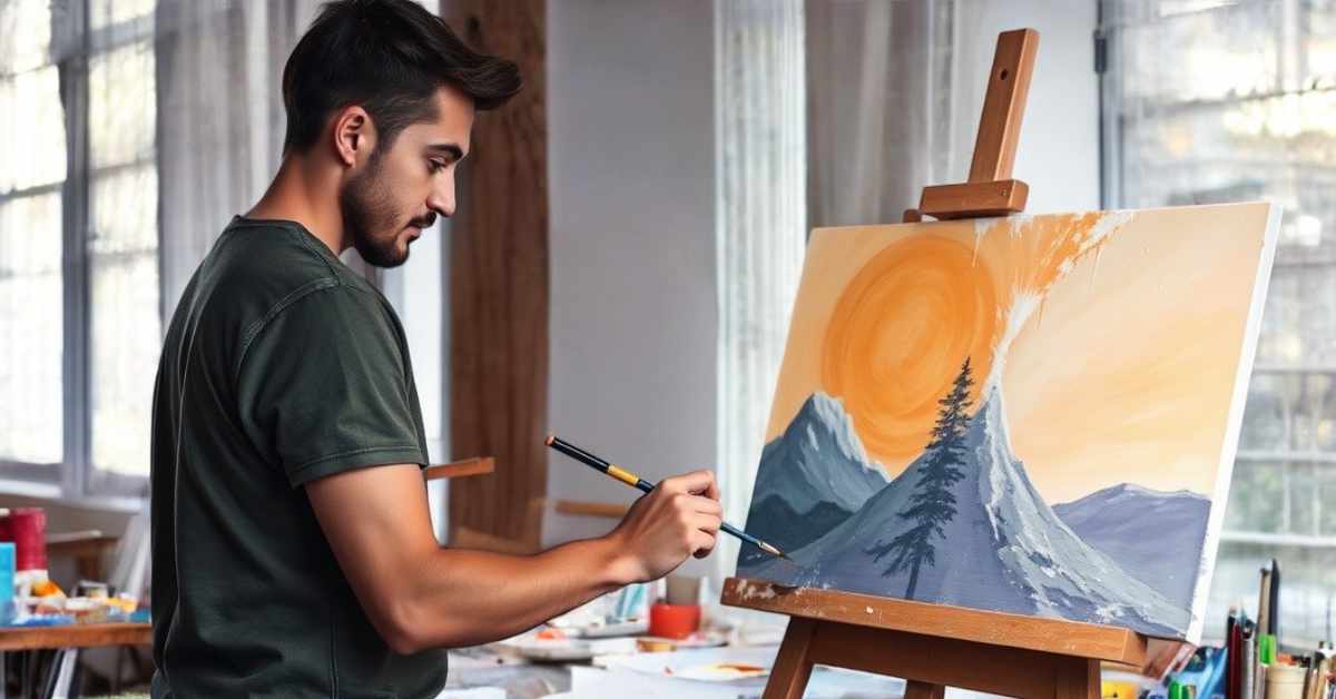 A man with short dark hair and a beard is painting on a canvas set on an easel in a well-lit studio. He is wearing a dark green t-shirt and is focused on his work, holding a paintbrush with his right hand. The painting depicts a landscape with mountains, a tall evergreen tree in the foreground, and a large orange sun in a bright sky. The room has large windows with light streaming in, casting a soft glow, and there are various art supplies and tools on a table in the background.