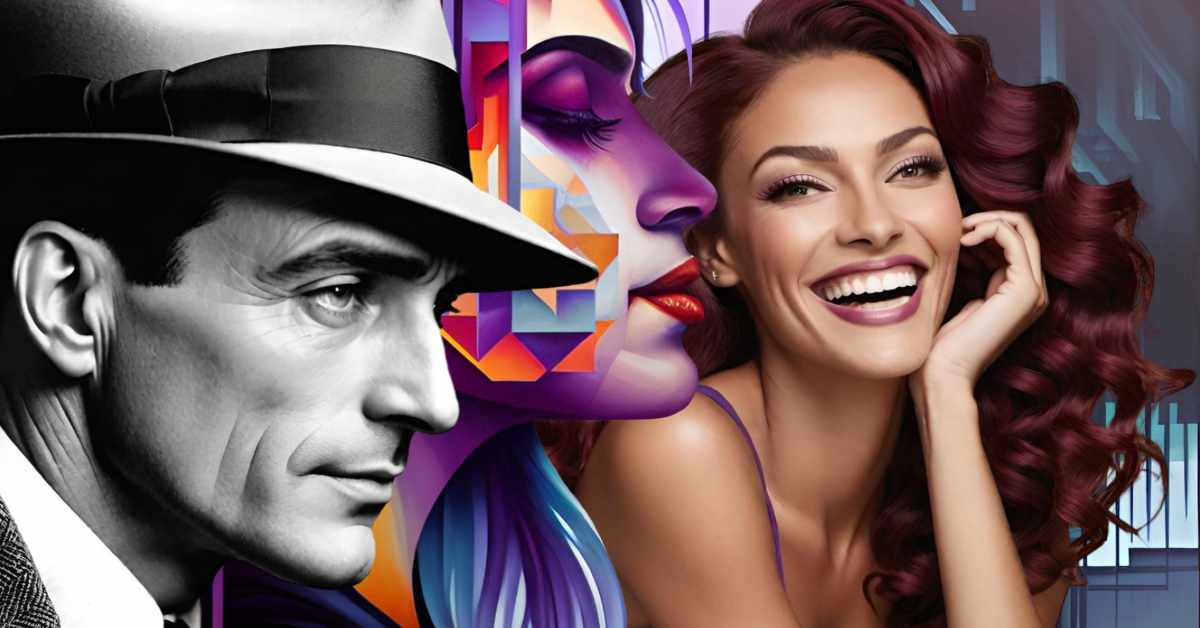 The image shows three distinct faces: a black-and-white portrait of a man in a suit and fedora, a stylized profile of a woman with vibrant geometric shapes and colors, and a realistic, smiling woman with voluminous, wavy red hair. The man, on the left, has sharp, classic features reminiscent of 1940s film noir, while the middle woman's face blends shades of purple, red, and blue with abstract shapes. The woman on the right has a joyful expression, and her smooth skin and bright smile contrast with the other two artistic styles. The background features abstract, digital-like patterns.