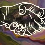 The image features two hands shaking, outlined in white with simple, sketch-like lines. The texture within the hands consists of a mosaic-like pattern, with small, pebble-like shapes in varying shades of black and gray. The background is a swirling blend of earthy and muted colors, including greens, purples, and browns, creating a fluid, abstract effect. The name "T. Cowley" is signed in white script in the bottom right corner. The overall composition gives a sense of unity and connection against a dynamic, colorful backdrop.