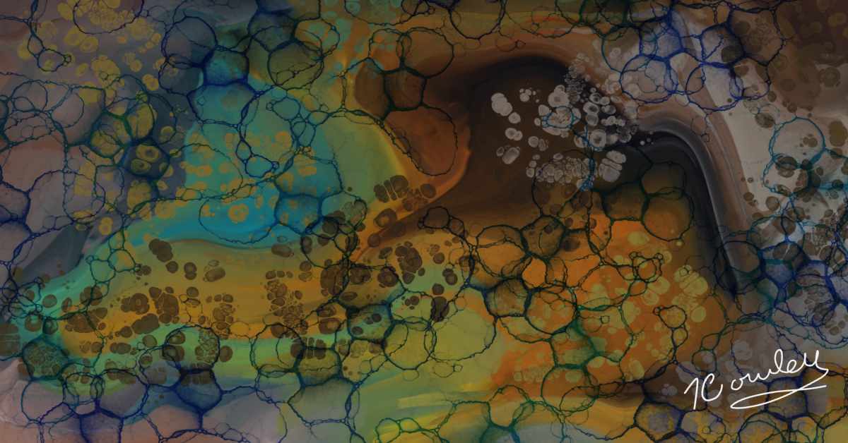 The image is an abstract composition featuring organic, bubble-like shapes interconnected by thin, dark blue outlines. These cell-like formations spread across the entire canvas, overlapping in areas and creating a web of irregular, translucent circles. The background is a mix of earthy tones—primarily shades of brown, orange, green, and blue—blended together in a fluid, watercolor-like manner. Small clusters of circular spots, resembling droplets or textures, are scattered throughout. The name "T. Cowley" is signed in white script in the lower right corner.