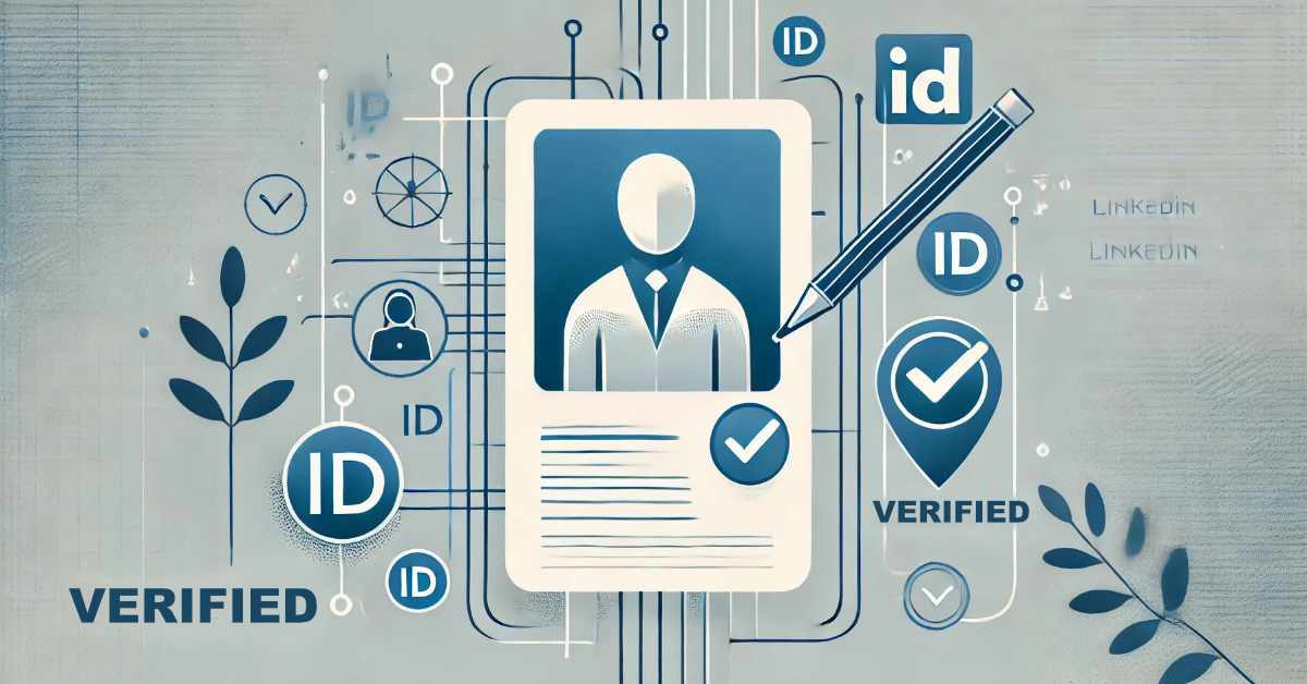 The image is a stylized illustration representing digital identity verification. At the center is a large ID card featuring a generic human silhouette in business attire, with a checkmark symbol to indicate verification. Surrounding the ID card are various interconnected symbols, including "ID" labels, checkmarks, and a pen symbolizing signing or authentication. A "Verified" badge appears prominently in the lower right. There are also small icons representing user profiles, and the word “LinkedIn” is faintly visible in the background. The overall colour scheme is muted blues and greys, giving a tech-focused, professional feel.