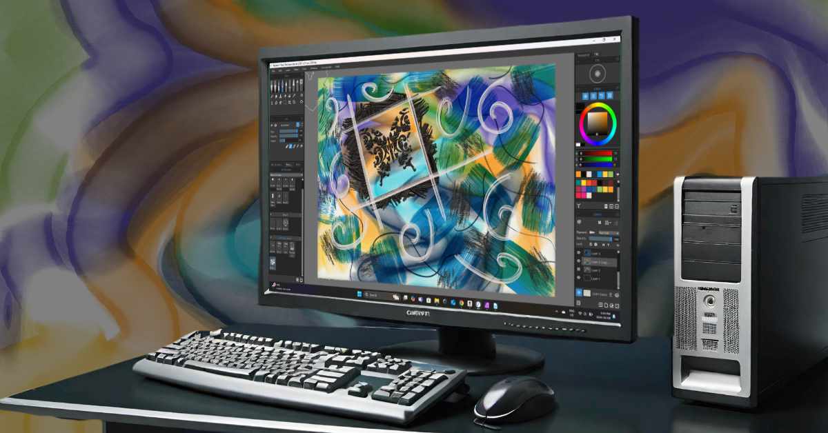 The image shows a desktop computer setup, including a monitor, keyboard, mouse, and a tower case. The monitor displays a digital art software with a colorful abstract artwork in progress, featuring swirling lines, brushstrokes in blue, green, yellow, and black, and a square frame in the center containing ornate black patterns. The user interface of the software includes various toolbars on the sides, with color options and drawing tools visible. The computer tower is silver and black, and the background features a soft, blurred, multicolored pattern.