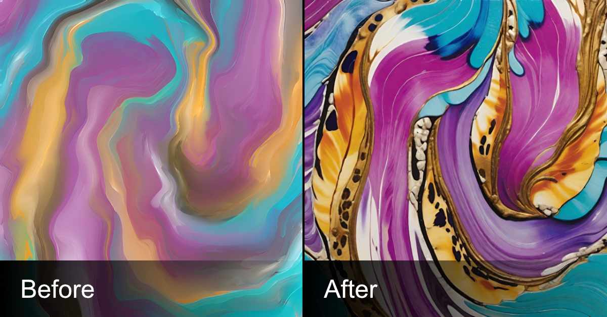 A side-by-side comparison image labeled "Before" and "After." Before: A soft, abstract swirl of colors in pastel shades of purple, turquoise, yellow, and pink, creating a smooth and dreamy effect. After: A more detailed and dynamic abstract design with vibrant hues of purple, blue, gold, and turquoise. It incorporates leopard-print elements, golden accents, and sharper, layered shapes, adding complexity and texture to the composition.