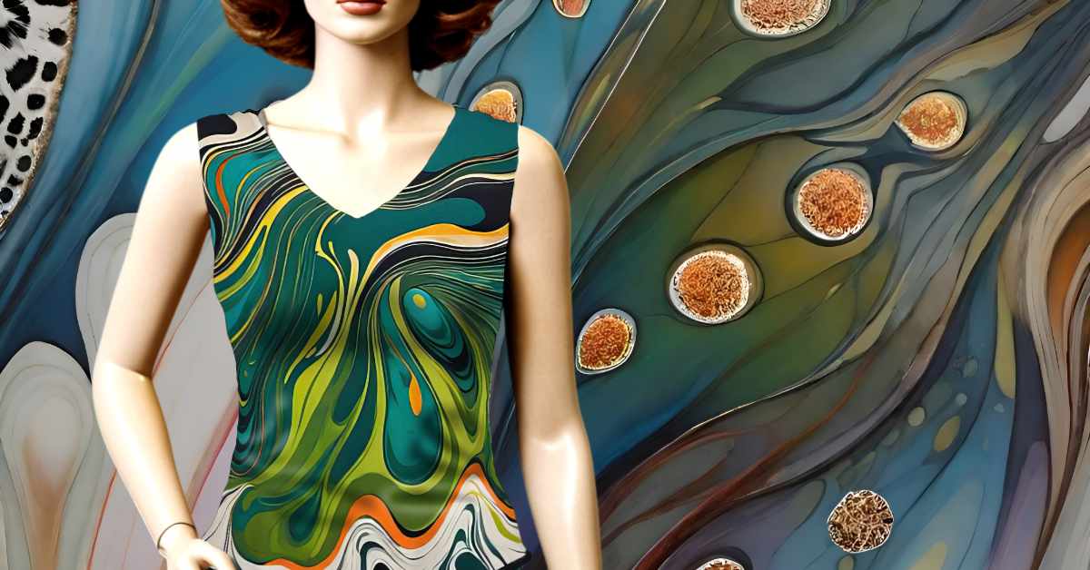 A mannequin with short auburn hair is dressed in a sleeveless top featuring a vibrant abstract design with swirling patterns in green, yellow, orange, and black. The background consists of an artistic composition resembling a peacock feather motif, with flowing shapes in blue, green, and earthy tones, accented by circular golden-brown textured elements. To the left, there is a hint of a leopard-print pattern, blending into the scene.