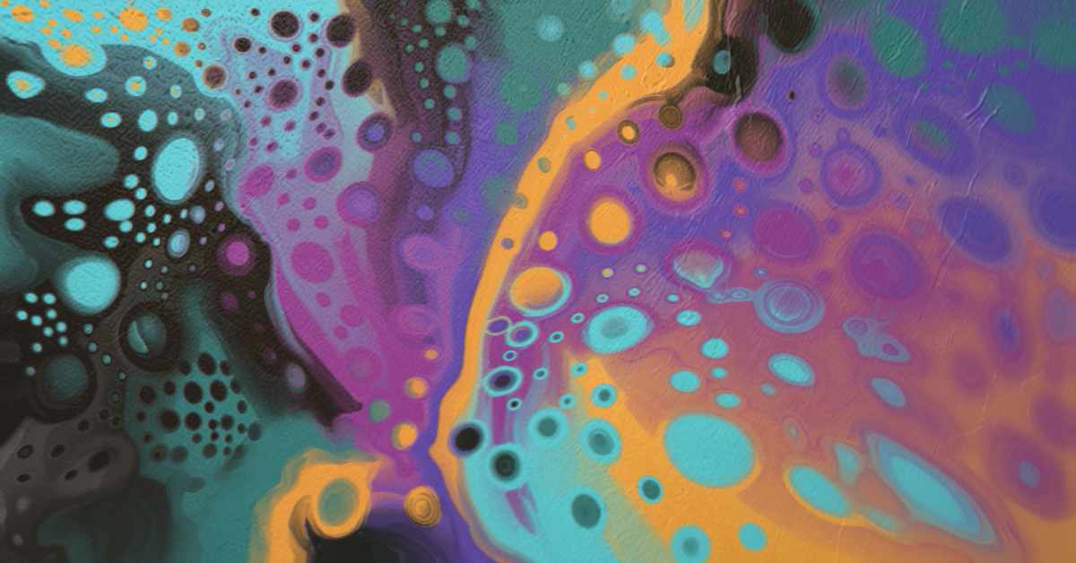 A close-up view of an abstract painting featuring vivid, swirling colors and a bubble-like texture. The artwork has a rich blend of turquoise, purple, orange, and black, with numerous circular and oval shapes scattered throughout, resembling soap bubbles or cells. The shapes vary in size and are layered, creating a sense of depth. The colors transition fluidly from dark to light, with highlights of glowing orange and contrasting teal and purple tones, emphasizing a dynamic and organic pattern.