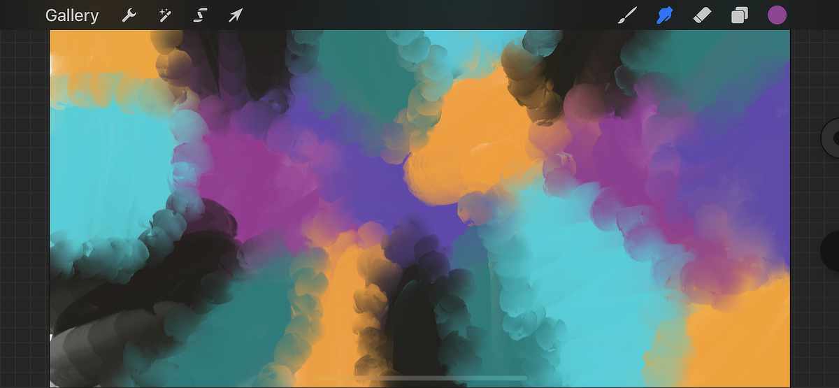 An abstract digital artwork with vibrant, blended colours forming cloud-like patterns. The image features prominent hues of teal, orange, purple, and black, which merge and swirl together without distinct shapes, creating a soft, textured appearance. The composition has a sense of depth with the colors overlapping and fading into one another, suggesting a dynamic and fluid movement.