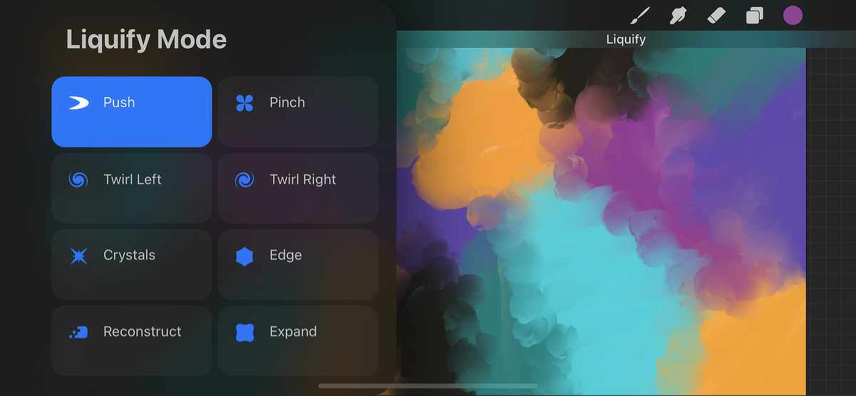 A screenshot of a digital art software interface, specifically showing the "Liquify Mode" options. The menu on the left lists various liquify tools: "Push" (highlighted in blue), "Pinch," "Twirl Left," "Twirl Right," "Crystals," "Edge," "Reconstruct," and "Expand." The art canvas on the right displays an abstract piece with soft, cloud-like patterns in shades of teal, orange, purple, and black. The interface includes tool icons at the top for brush, eraser, and other functions.