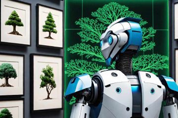 A humanoid robot with a sleek white and blue design is positioned in an art gallery-like setting. The robot faces away from the viewer, with a glowing green display of a stylized tree diagram on a black background behind it. Surrounding the display are framed illustrations of various types of trees, evenly spaced on the walls. The scene illustrates how generative AI uses a vast number of images to learn what a tree is supposed to look like.