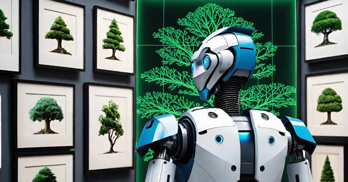 A humanoid robot with a sleek white and blue design is positioned in an art gallery-like setting. The robot faces away from the viewer, with a glowing green display of a stylized tree diagram on a black background behind it. Surrounding the display are framed illustrations of various types of trees, evenly spaced on the walls. The scene illustrates how generative AI uses a vast number of images to learn what a tree is supposed to look like.