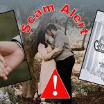 The image is a collage with three main sections overlaid on a faded outdoor background of a couple under a tree. The central focus features the words "Scam Alert" in bold red text, arched over the couple's photo. Below the text is a red triangle with a white exclamation mark inside, signifying a warning. Left section: A close-up image of two hands, one wearing an engagement ring, being held gently. The background is blurry greenery. Center section: A photo of a couple standing close under a large tree, embracing affectionately. The woman is wearing a pale pink dress, and the man is in a gray shirt and dark pants. Right section: An image of a formal invitation with ornate borders. The text reads: "You are cordially invited to celebrate the 10th Anniversary of Shunned and Elizabeth Michael. Jan 15th, 2025, 11:00 AM, 417 Seymour St., Kamloops, BC V2C 2G7, Canada." The layout and warning text suggest the image is drawing attention to a possible scam involving this invitation or event.