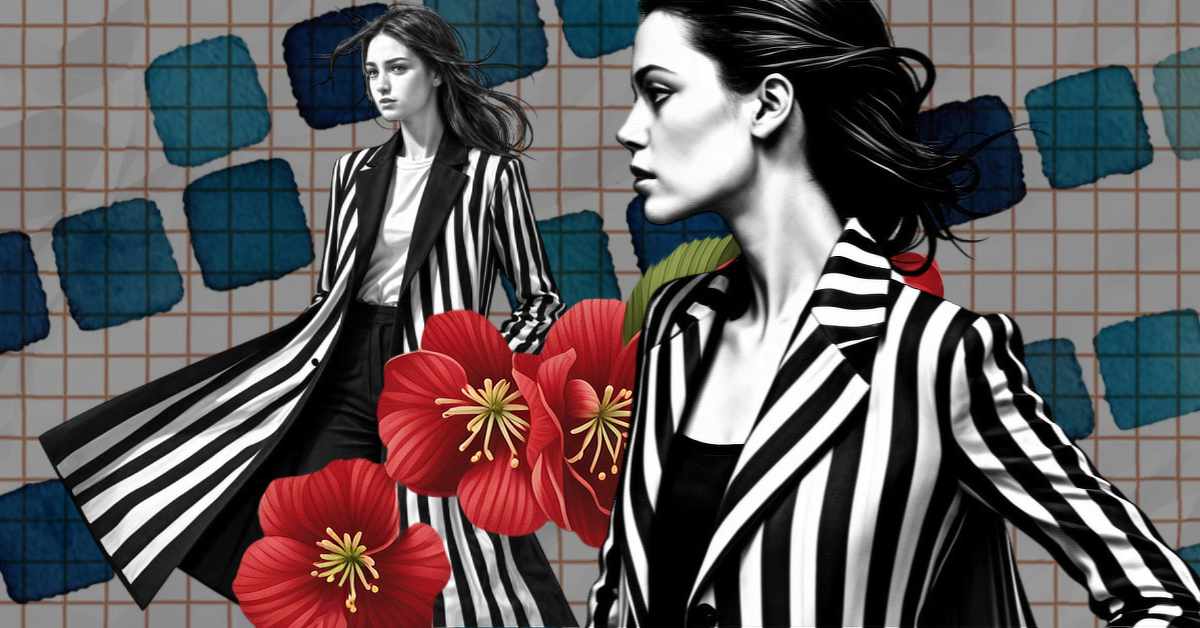 A digital collage-style artwork features two women wearing black and white vertically striped blazers. One woman is in the foreground, shown in profile with slicked-back hair, while the other is in the background with loose, windswept hair and a long flowing coat. The composition includes bold red flowers with yellow centers layered over the figures. The background consists of a geometric grid pattern with blue and teal squares, creating a textured and dynamic visual effect. The image is primarily in black and white, except for the flowers and background elements, emphasizing contrast and depth.