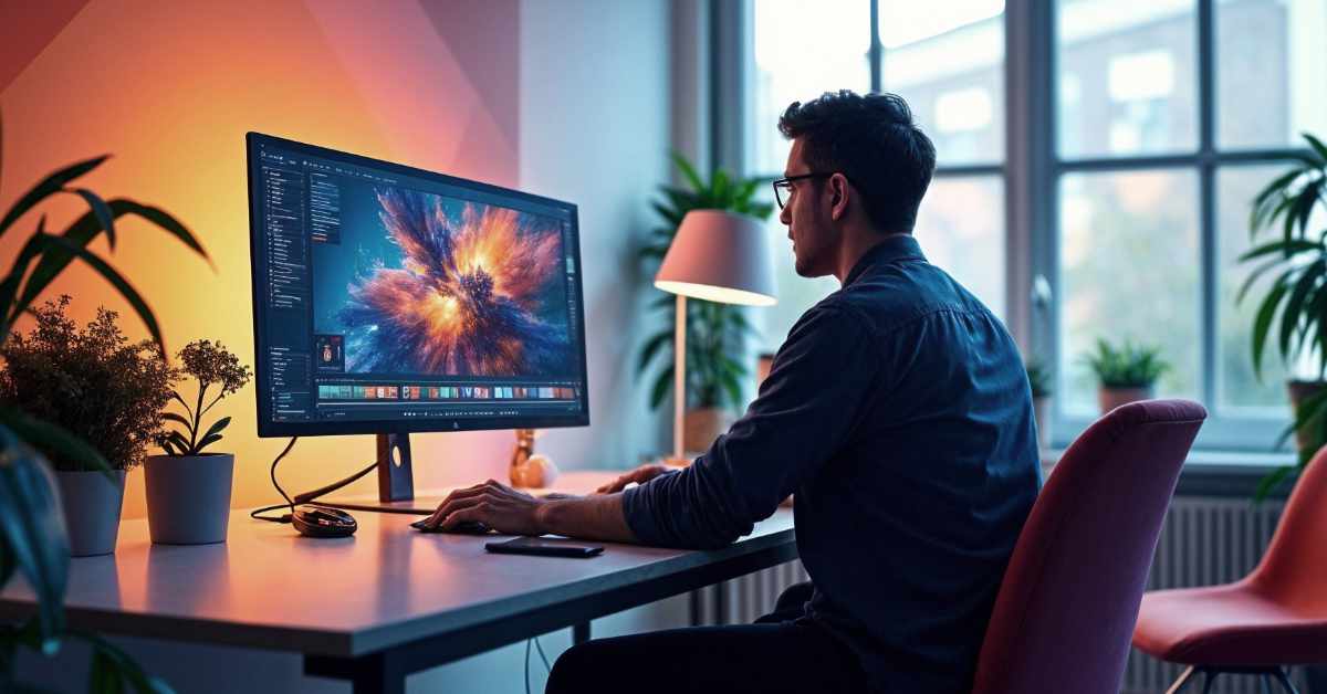 A man wearing glasses and a dark-colored shirt sits at a modern desk, working on a large computer monitor displaying a digital artwork of an explosion in space. The room has a warm, ambient glow from a desk lamp and indirect lighting on the walls. The workspace is neatly arranged with potted plants, a smartphone, a mouse, and a keyboard. A large window in the background lets in natural light, showing an outdoor view. The man appears focused as he interacts with the digital design software on his screen.