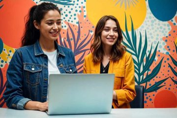 Two young women are sitting at a table, smiling while looking at a laptop screen. One woman is wearing a denim jacket over a white shirt, while the other is dressed in a mustard yellow blazer over a black top. The background features a vibrant, colorful wall with an abstract tropical design, including large leaves, circles, and dotted patterns in shades of orange, blue, and yellow. A glass with pencils and a small potted plant are on the table.