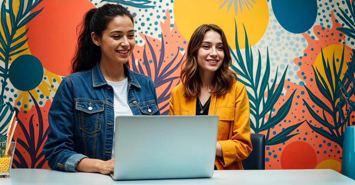 Two young women are sitting at a table, smiling while looking at a laptop screen. One woman is wearing a denim jacket over a white shirt, while the other is dressed in a mustard yellow blazer over a black top. The background features a vibrant, colorful wall with an abstract tropical design, including large leaves, circles, and dotted patterns in shades of orange, blue, and yellow. A glass with pencils and a small potted plant are on the table.