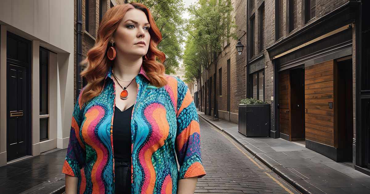 A woman with long, wavy red hair stands in a narrow, cobblestone-paved street lined with brick and wooden buildings. She has a confident expression and is wearing a colourful, patterned open-front shirt with swirling designs in shades of blue, orange, and pink over a black outfit. She accessorizes with large orange hoop earrings and a matching pendant necklace. Trees line the street in the background, and modern black planters with greenery are placed along the sidewalk. The street has an urban yet quaint atmosphere, with a mix of old and contemporary architectural elements.