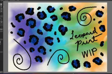 The image shows a digital art interface displaying a colorful background with a leopard print pattern in progress. The background features a gradient blend of colors including blue, green, orange, and purple. Over this background, there are black leopard spots with blue centers scattered throughout the canvas. Three large spiral shapes are drawn in black, and handwritten text in black ink reads “Leopard print WIP” (Work In Progress). The software interface includes various drawing tools, brushes, color palettes, and layer controls.