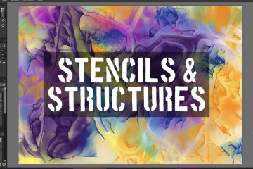 A digital painting application interface is shown, featuring a colourful abstract background with fluid, marbled patterns in purple, yellow, blue, and green hues. In the center, bold white stencil-style text reads "STENCILS & STRUCTURES" over a semi-transparent dark rectangle. The application displays tool panels on both sides, including brush settings, watercolour brush options, colour palettes, and layer controls.