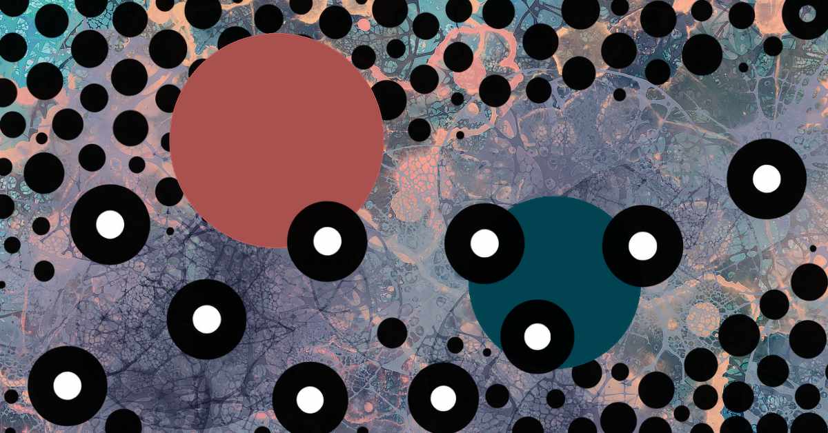 Abstract digital artwork featuring a textured background in shades of teal, peach, lavender, and gray. Overlaying this background are numerous black dots of varying sizes, some with white centres. Two large solid-coloured circles dominate the center—one in deep blushing peach on the left and one in dark teal on the right. The composition has a layered, textured appearance with a dynamic arrangement of circular elements.
