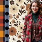 A woman stands in front of a collage-style background featuring four distinct patterns. From left to right, the patterns are: a bold plaid in orange, navy, and red; a vertical stripe with black circles on a blue background; a floral print with beige, brown, and black flowers and leaves; and an abstract animal print with black, white, and orange shapes resembling zebra or leopard markings. The woman wears a red plaid blazer with a matching vest and a green turtleneck sweater underneath. She is smiling and has long, wavy hair.