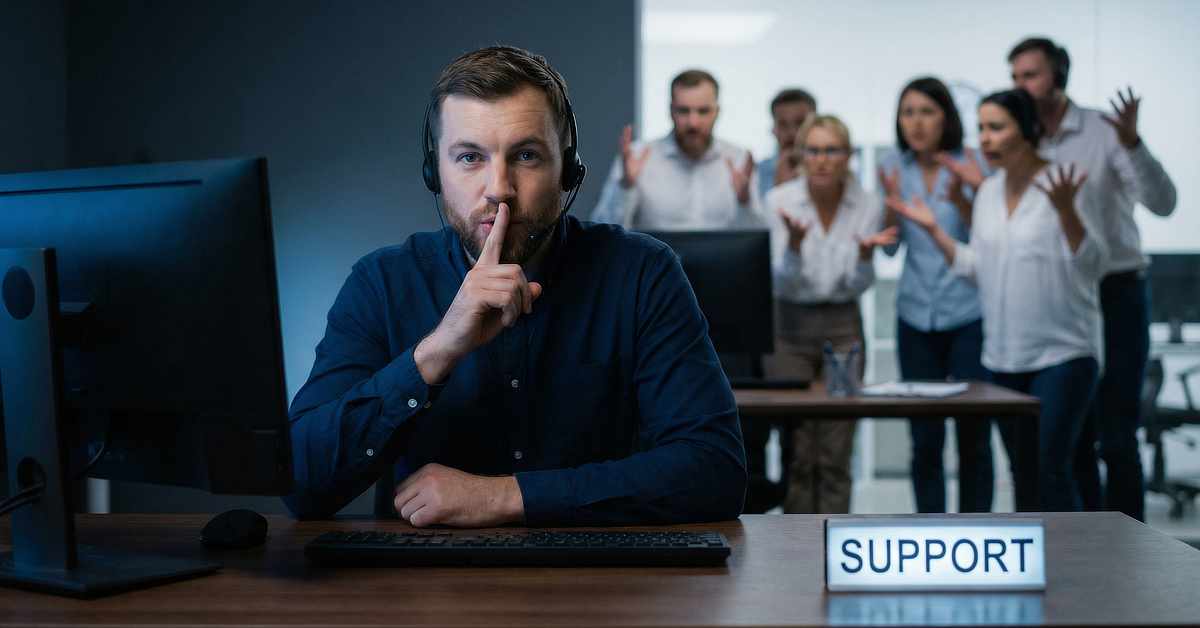 A man wearing a headset sits at a desk with a computer and a small sign reading “SUPPORT,” holding a finger to his lips in a “shh” gesture. Behind him, a group of adults stand together with raised hands and confused or frustrated expressions, as if reacting to an unresolved issue. The setting appears to be a modern office or customer support center.