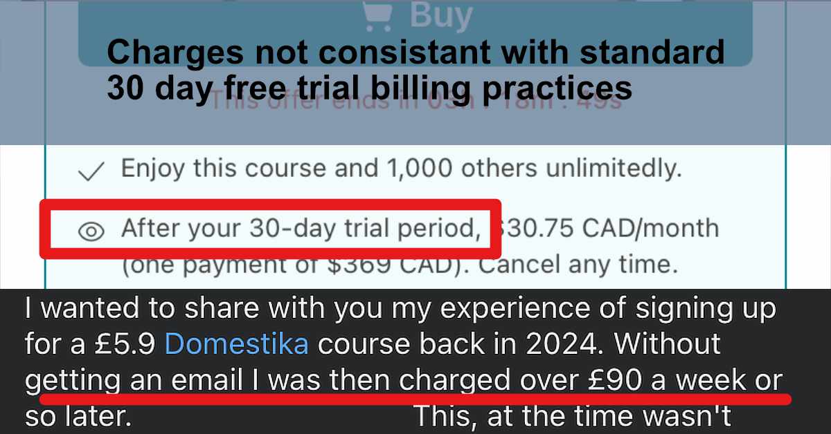 Screenshot of an online subscription checkout and complaint overlay. At the top, bold text reads “Charges not consistant with standard 30 day free trial billing practices.” Below, a subscription section shows “After your 30-day trial period,” alongside pricing of “30.75 CAD/month,” with a red rectangle highlighting the trial text. At the bottom, a black caption bar contains user commentary stating they signed up for a £5.9 Domestika course in 2024 and a week or so later were charged over £90 without receiving an email, with key amounts underlined in red.