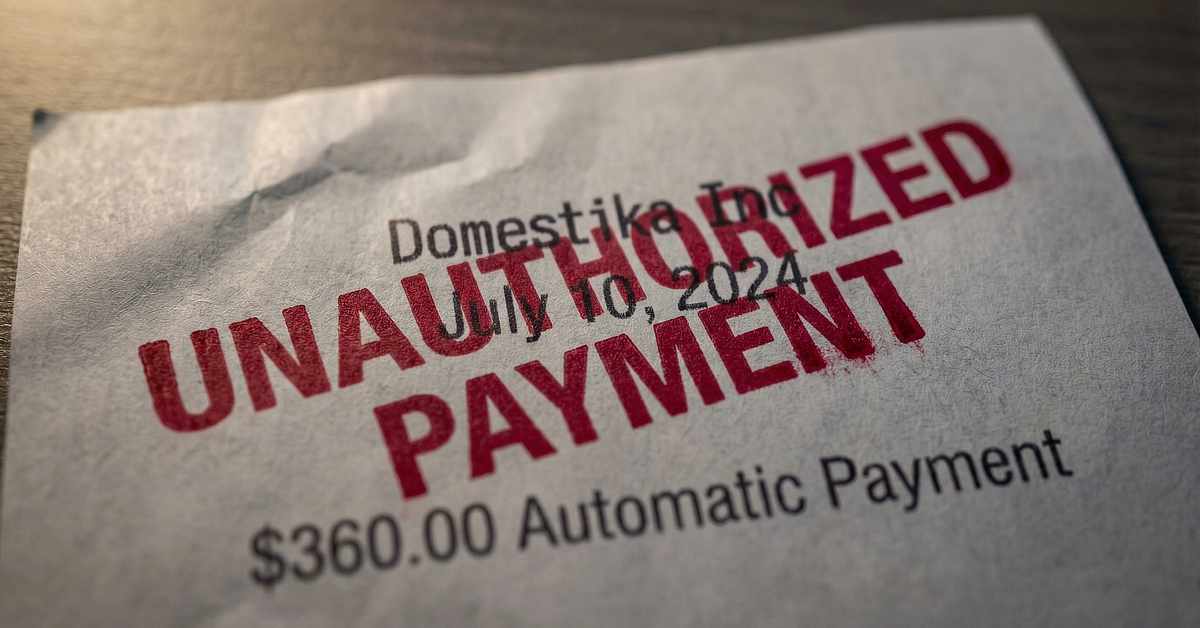 A close-up of a wrinkled paper document on a wooden surface showing the words “UNAUTHORIZED PAYMENT” stamped in large red letters. Underneath it, smaller text reads “Domestika Inc July 10, 2024,” and below it states “$360.00 Automatic Payment.” The paper appears worn and slightly crumpled, emphasizing the seriousness of the charge notice.